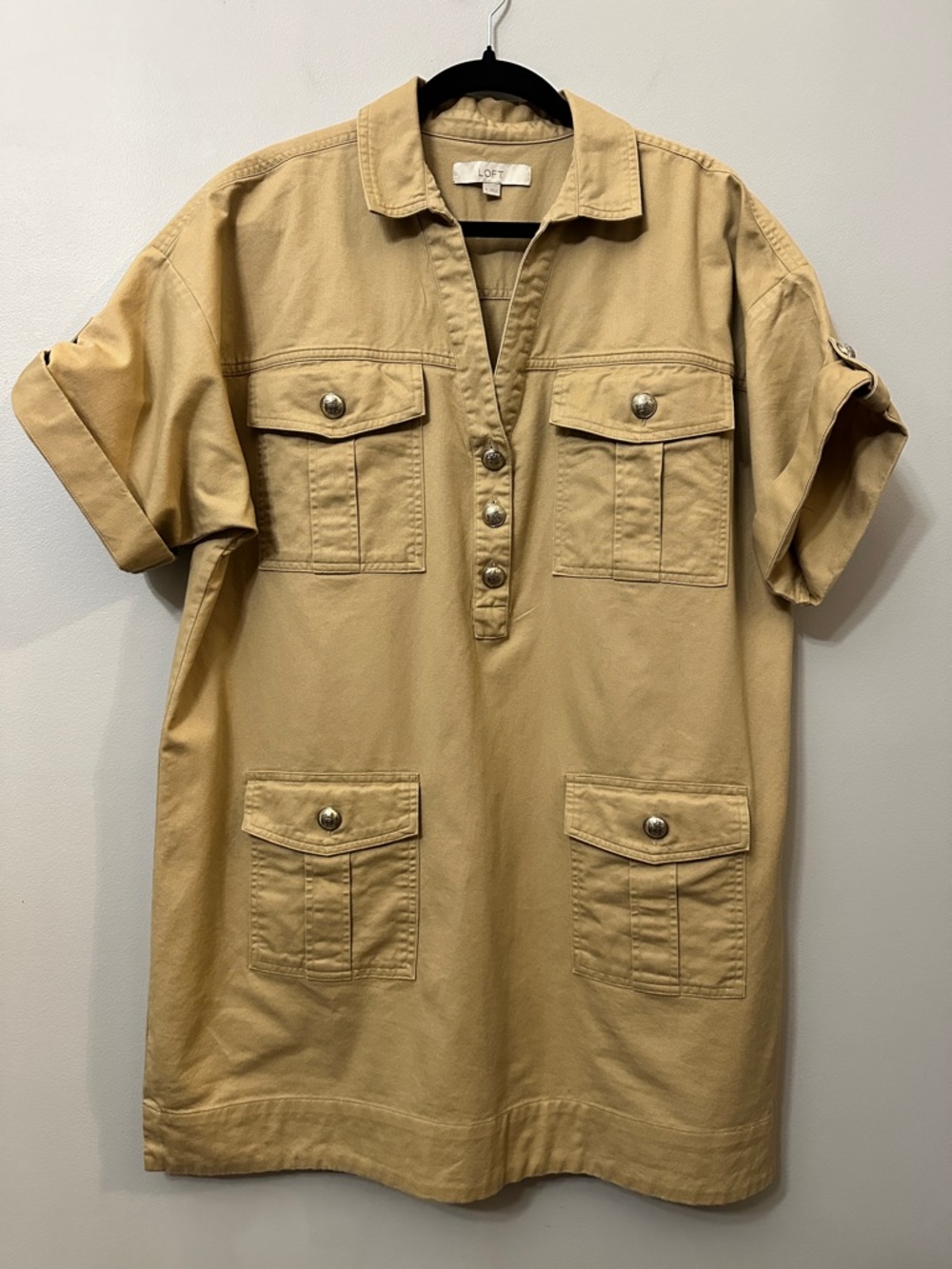 LOFT Khaki Utility Dress Short Sleeve XL Cotton Button Pockets Tan Gold Buttons